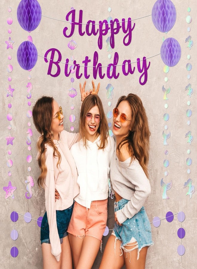 TMTECHJS Purple Birthday Decorations Pre-Strung Happy Birthday Banner with Honeycomb Balls Cake Topper Ocean Theme Hanging Swirls Circle Dots Garland - Image 5
